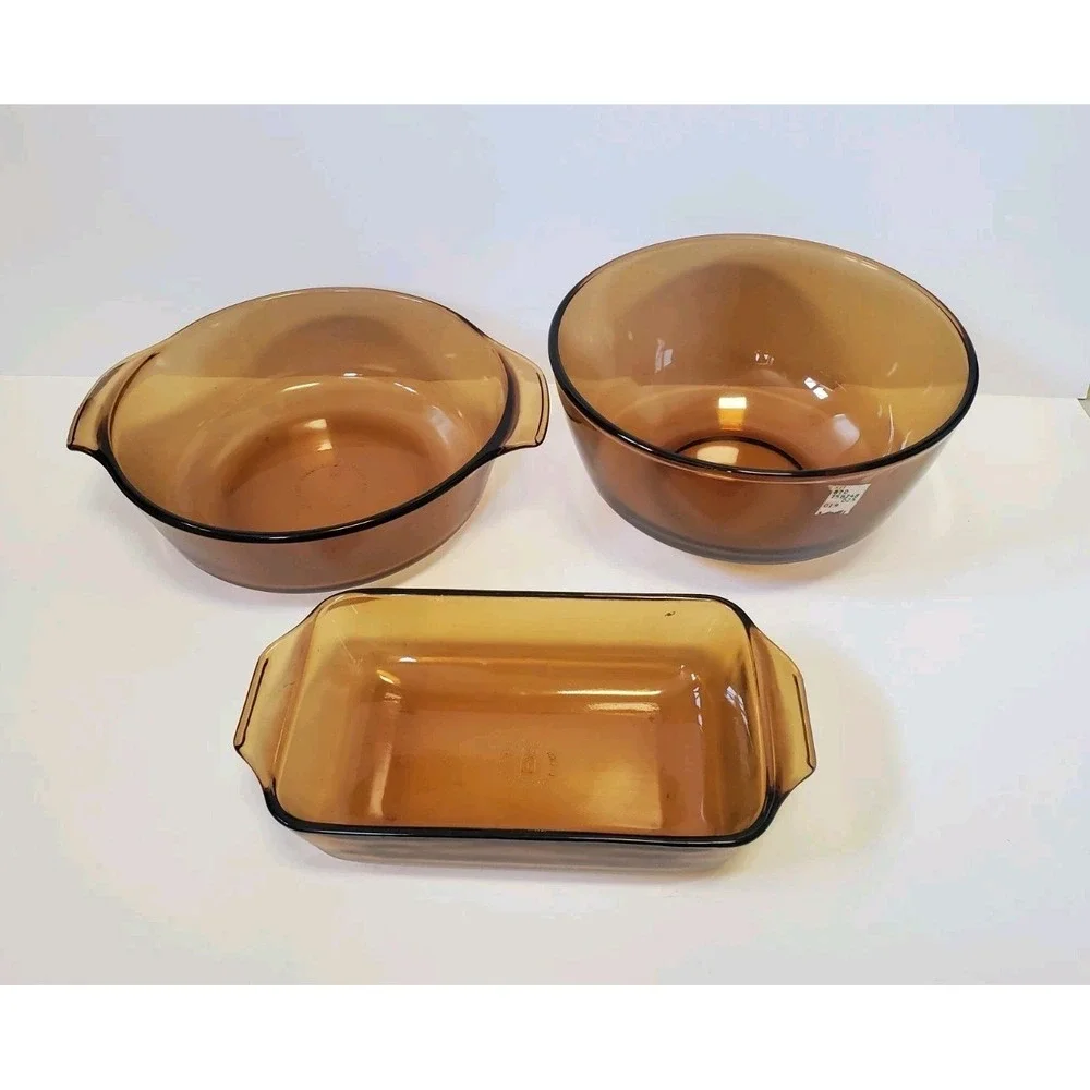 Vintage Anchor Hocking Amber Glass Casserole Baking Mixing Bowl 3 Piece USA Made